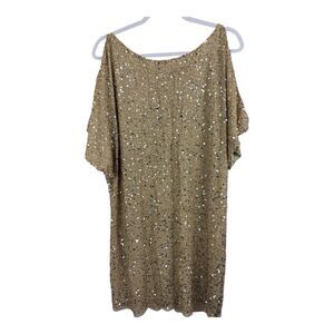 Aidan Mattox Silk Mini Shift Dress Size 6 Gold Beaded Sequin Cold Slit Shoulder